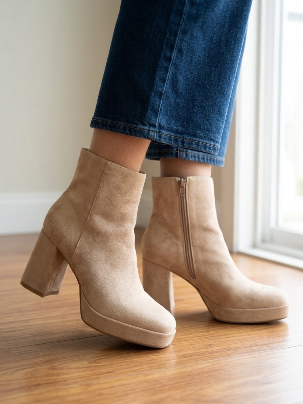 Oasis Society Beige Faux Suede Platform Ankle Booties Size 8.5 Chunky Heel